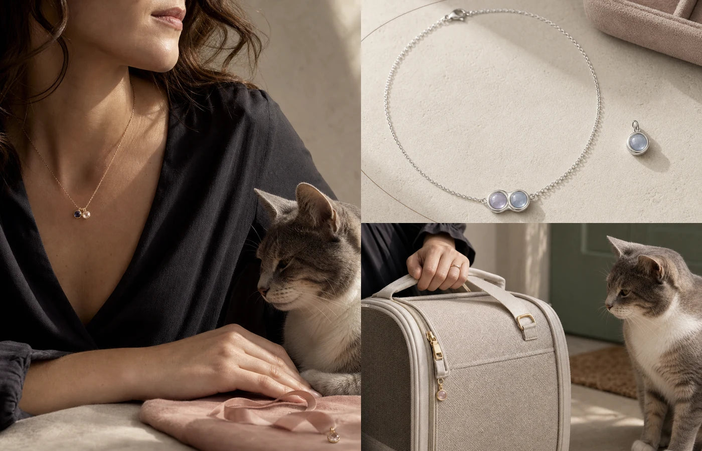 Editorial collage of a cat owner, Bond Set jewelry and a carrier charm option