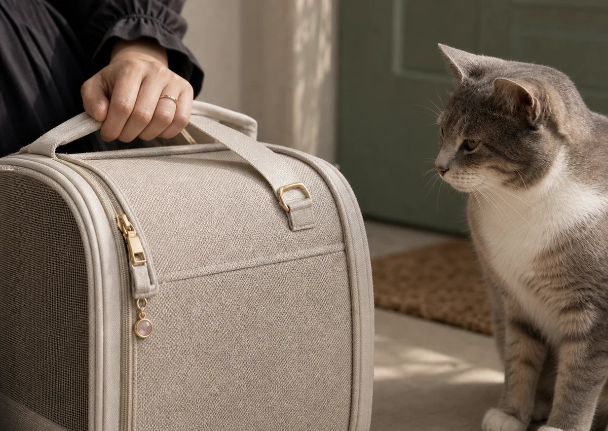Bond Charm attached to a cat carrier while the cat remains unadorned