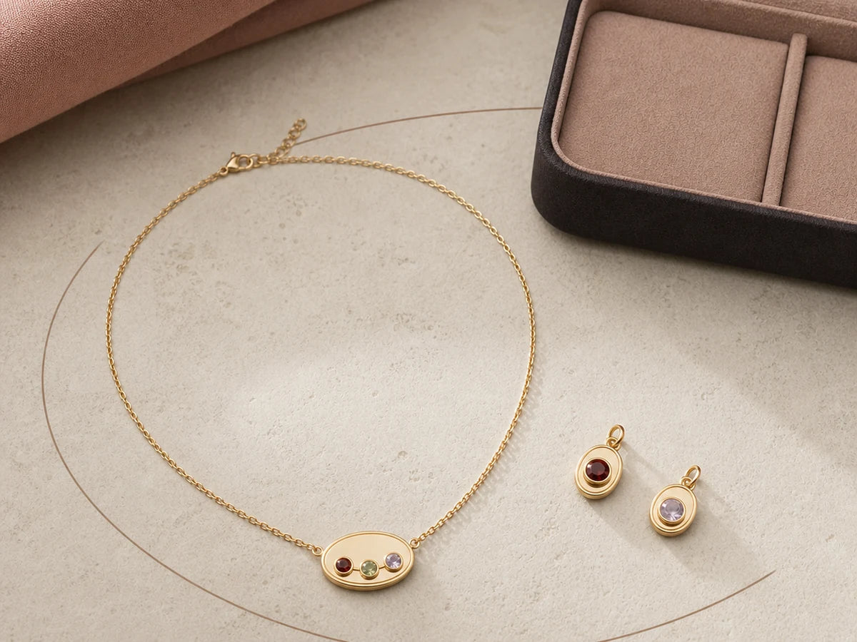 Gold-tone Miorava Two-Cat Bond Set with three-stone necklace and two related charms